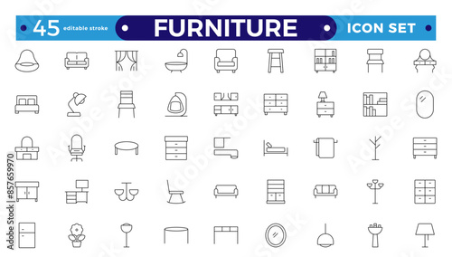 Furniture Minimal line icons set. Kitchen, bedroom, sofa table, bookcase closet, chair, mattress, lamps, ladder vector illustrations. Outline signs of the house interior. Editable stroke outline icon