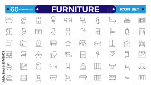 Furniture Minimal line icons set. Kitchen, bedroom, sofa table, bookcase closet, chair, mattress, lamps, ladder vector illustrations. Outline signs of the house interior. Editable stroke outline icon
