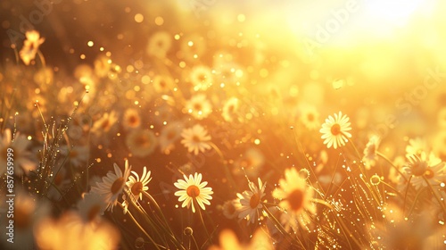 Idyllic scene of a daisy-covered field under a setting sun, with the flowers' white petals gently swaying and catching the last light of day, emphasizing the peacefulness of the natural world © Sine