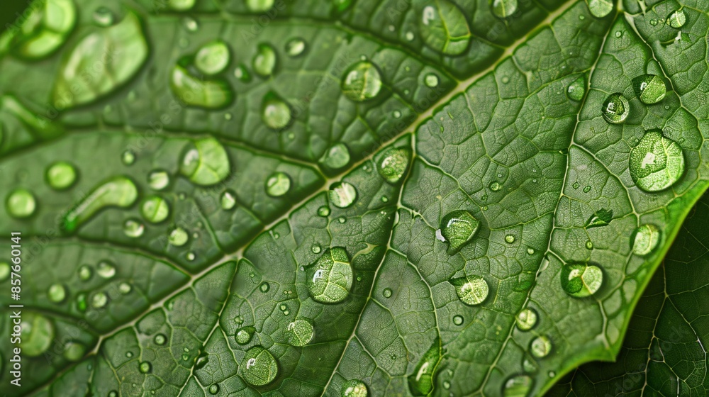 High-resolution image of a green leaf adorned with rainwater droplets, showcasing the detailed leaf structure and the shimmering drops that accentuate the fresh post-rain environment High-resolution image of a green leaf adorned with rainwater droplets, showcasing the detailed leaf structure and the shimmering drops that accentuate the fresh post-rain environment