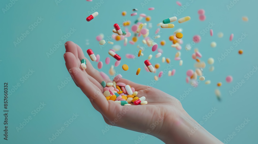 Assorted pills on palm, realistic photo Assorted pills on palm, realistic photo