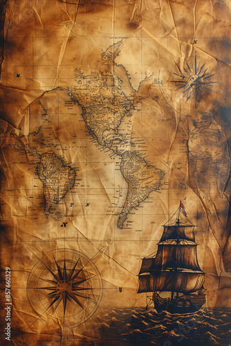 Weathered and distressed page of parchment , old vintage paper wall art, background, wallpaper,  rough compass world map  sketch
