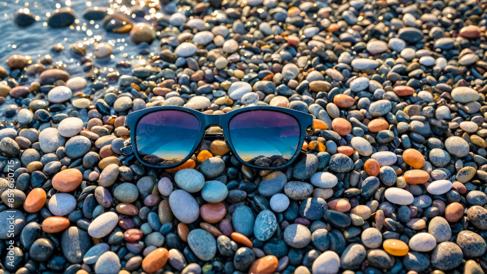 Sunglasses are lying on pebbles by sea, coastline. Rounded multicolored stones of different sizes, polished by sea waves. Bright sunny day. Copy space for text. Sunglasses are lying on pebbles by sea, coastline. Rounded multicolored stones of different sizes, polished by sea waves. Bright sunny day. Copy space for text.