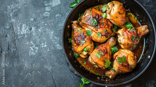 Delicious chicken in pan, close-up view