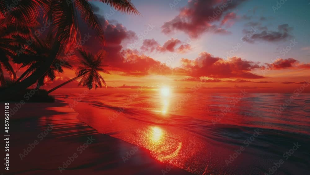 Sunset on the beach with vibrant pink and purple sky, two palm trees in view
