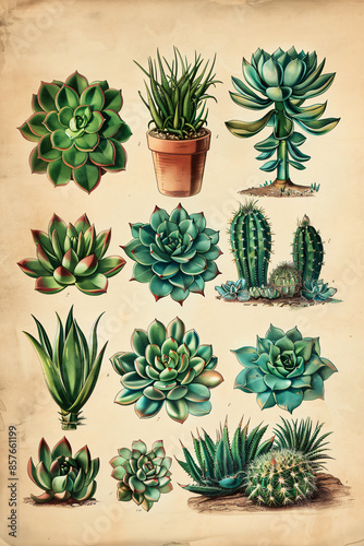 Journals infographic blueprint of botanical cactus on old vintage paper, background, wallpaper, wall art