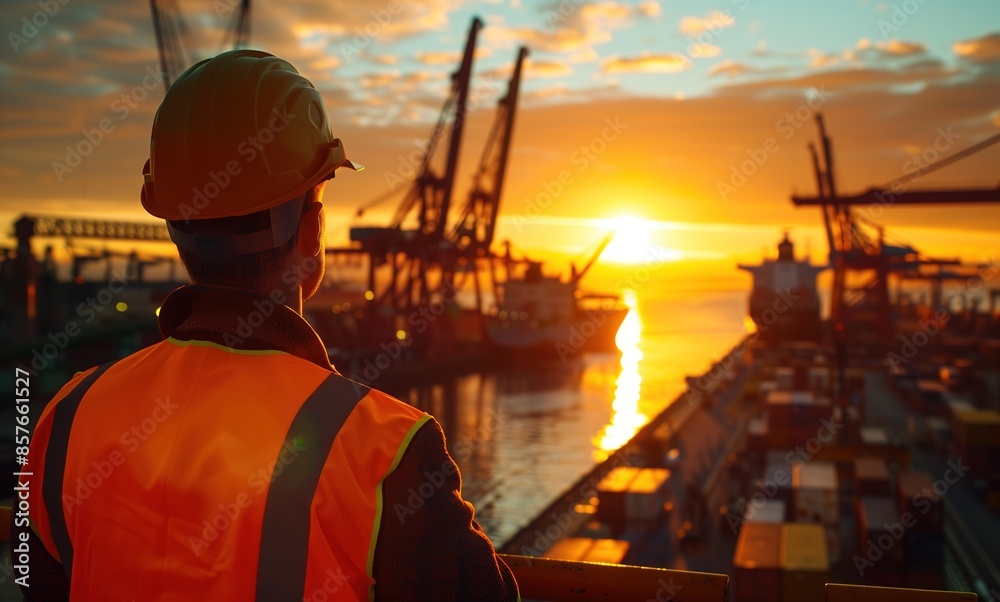 Cinematic Shot of Construction Worker in Orange Safety Vest and Yellow Hard Hat Overlooking Industrial Dock at Sunset, Large Shipping Yard with Cargo Ships in Background. Labor Day, Working, Struggle Cinematic Shot of Construction Worker in Orange Safety Vest and Yellow Hard Hat Overlooking Industrial Dock at Sunset, Large Shipping Yard with Cargo Ships in Background. Labor Day, Working, Struggle