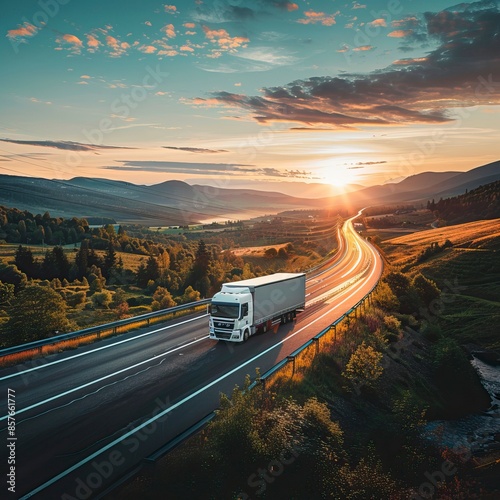 Truck transport on the road and cargo at sundet  photo