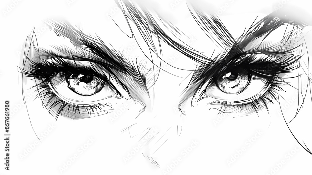 Fototapeta premium A pair of manga-style eyes in black and white, drawn with bold lines and detailed pupils.