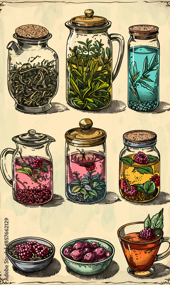 Journals infographic blueprint of tea jars and tins contain medicinal plants and herbs on old vintage paper, background, wallpaper Journals infographic blueprint of tea jars and tins contain medicinal plants and herbs on old vintage paper, background, wallpaper
