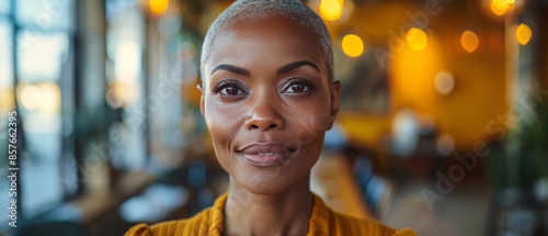 portrait of african 50 years old surprised woman with bald head, smiling on yellow background.generative ai