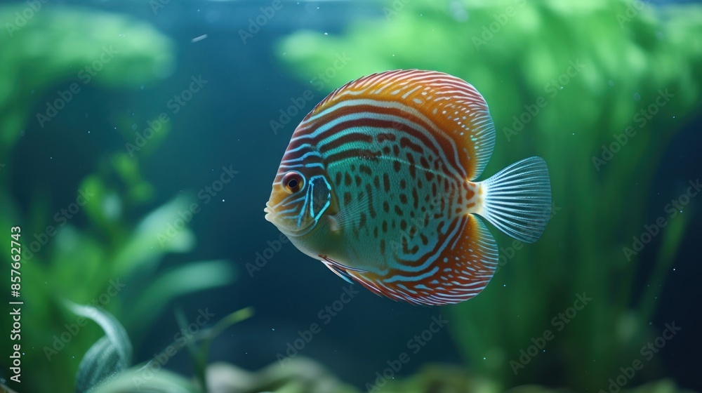 A fish with a blue and orange body swims in a green tank A fish with a blue and orange body swims in a green tank