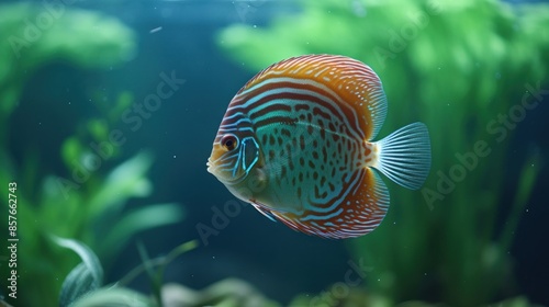 A fish with a blue and orange body swims in a green tank