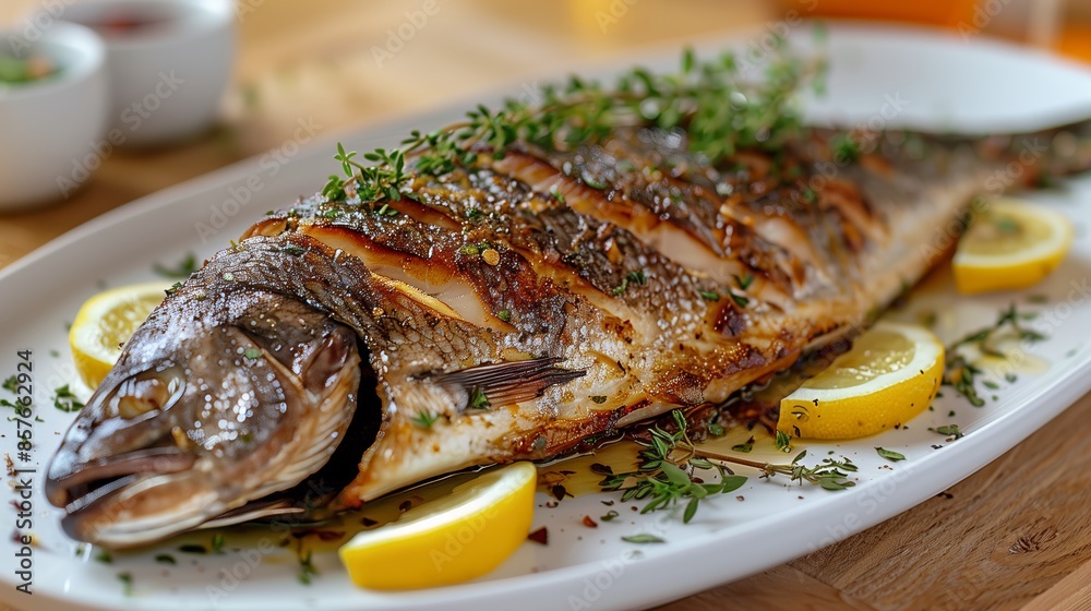 Close-Up of Whole Roasted Dorade with Thyme and Lemon Slices Close-Up of Whole Roasted Dorade with Thyme and Lemon Slices
