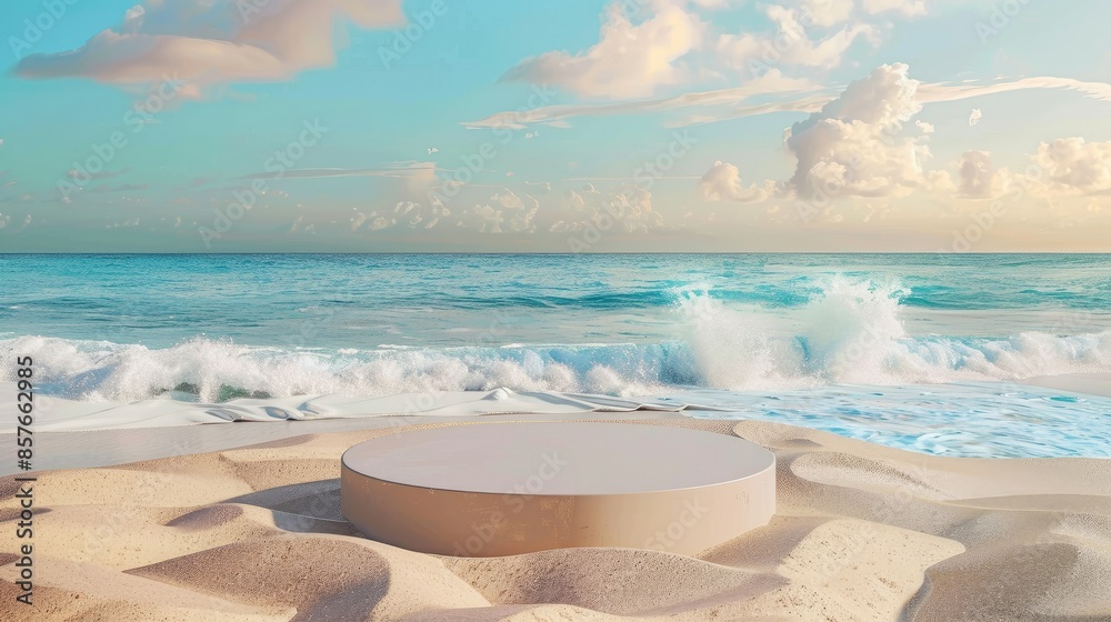 Summer sand and tropical sea background with empty podium Summer sand and tropical sea background with empty podium