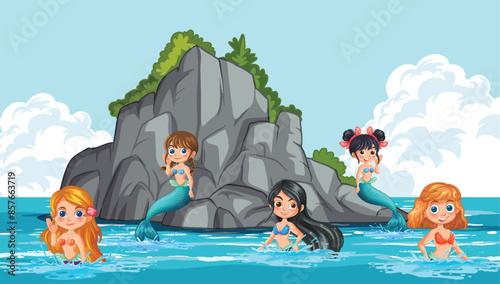 Five mermaids swimming near a rocky island