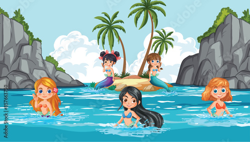 Five mermaids enjoying the ocean near an island