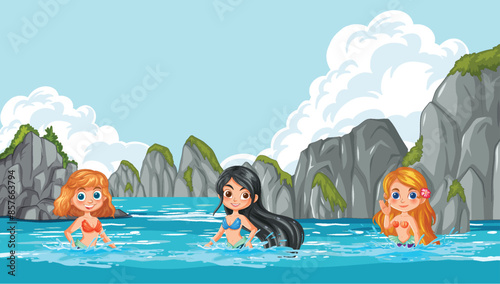 Three girls enjoying a swim in the ocean