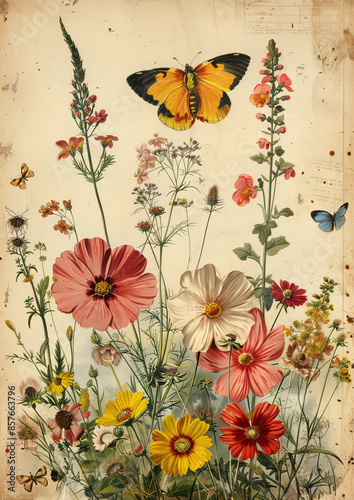 Journals infographic blueprint of botanical wildflowers on old vintage paper, background, wallpaper, wall art