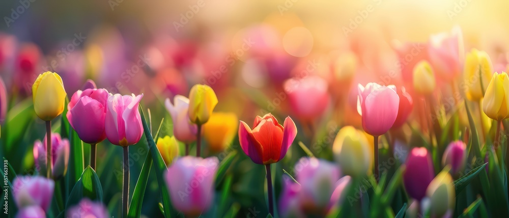 Vibrant Tulip Field in Full Bloom with Sunlight and Colorful Flowers in Springtime Vibrant Tulip Field in Full Bloom with Sunlight and Colorful Flowers in Springtime