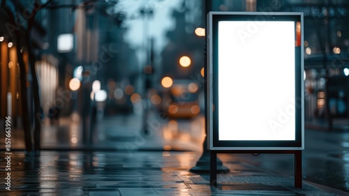 Attractive blank white screen billboard mock-up at a street corner, busy urban setting, copy space,