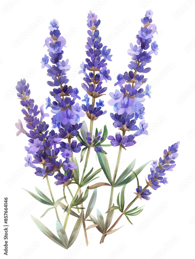 Fototapeta premium Watercolor illustration of vibrant purple lavender flowers in bloom, showcasing delicate petals and green leaves on a white background.