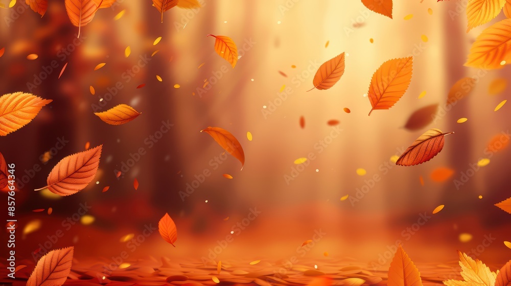 Autumn leaves falling in forest, text copy space,