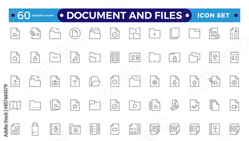 Document outline icon set. Documents symbol collection. Different document icons.Set of file and document Icons. Simple line art style icons pack. Editable stroke outline icon.
