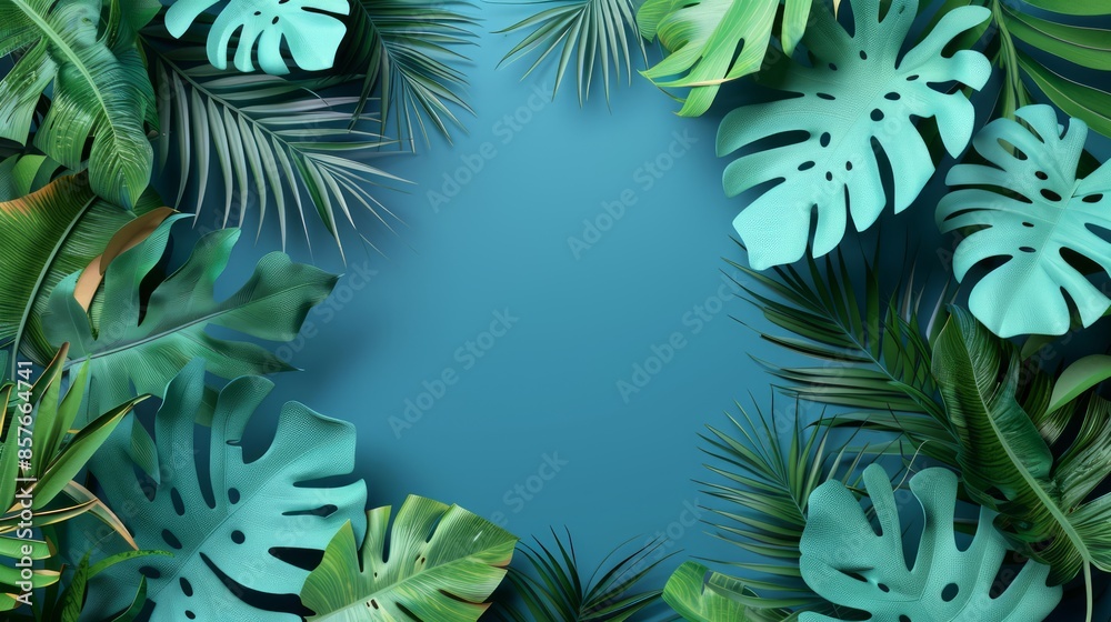 Tropical leaf frame Flat top view with copy space - spring summer nature concept. Simulated leaves, blue tone Tropical leaf frame Flat top view with copy space - spring summer nature concept. Simulated leaves, blue tone
