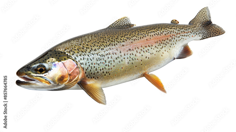 Close-up image of a rainbow trout isolated on a white background. Vibrant scales and fins detail marine life and fishing appeal. Close-up image of a rainbow trout isolated on a white background. Vibrant scales and fins detail marine life and fishing appeal.