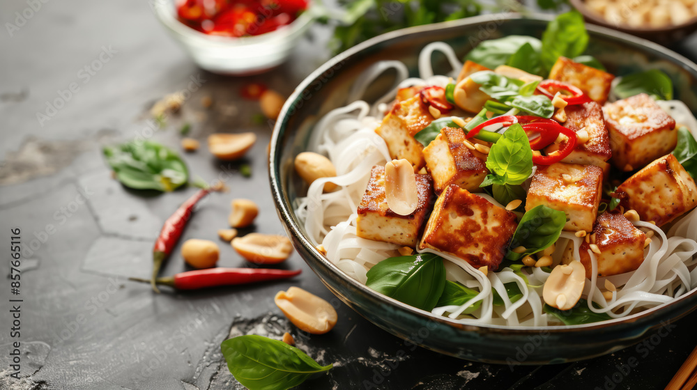 Vietnamese vegan tofu dish with noodles and peanuts Vietnamese vegan tofu dish with noodles and peanuts