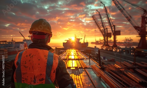 Engineer Wearing Helmet and Safety Vest Watching Sunset Over Industrial Dock, Construction Site with Cranes in Background. Labor Day, Working, Broke, and Struggling,4k © Vanessa