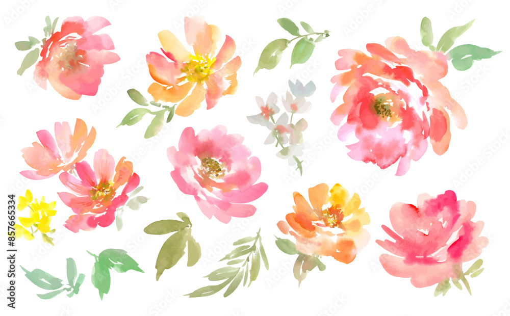 Watercolor abstract Peony Flowers and Plants Vector Illustration Set