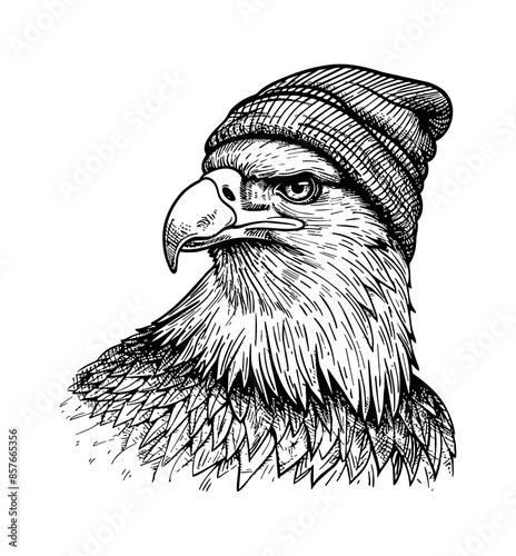 bald eagle, wears beanie hat engraving black and white outline