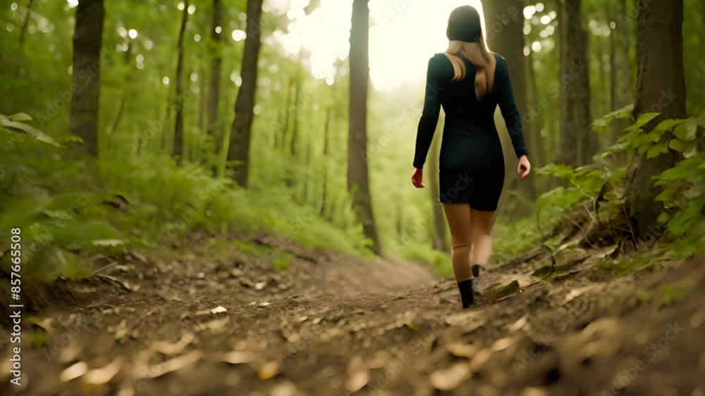 Woman Hiking Through Green Forest Generative AI Woman Hiking Through Green Forest Generative AI