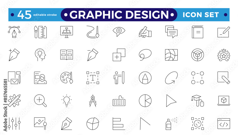 Set of outline icons of graphic design. Simple linear icons in a modern style flat, Creative Process. Graphic design, creative package, stationary, software. Editable stroke outline icon. Set of outline icons of graphic design. Simple linear icons in a modern style flat, Creative Process. Graphic design, creative package, stationary, software. Editable stroke outline icon.