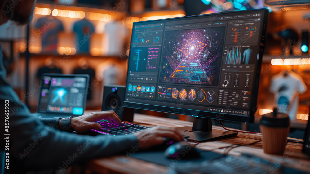 Focused person uses AI to design print-on-demand t-shirts in a creative office.generative ai Focused person uses AI to design print-on-demand t-shirts in a creative office.generative ai