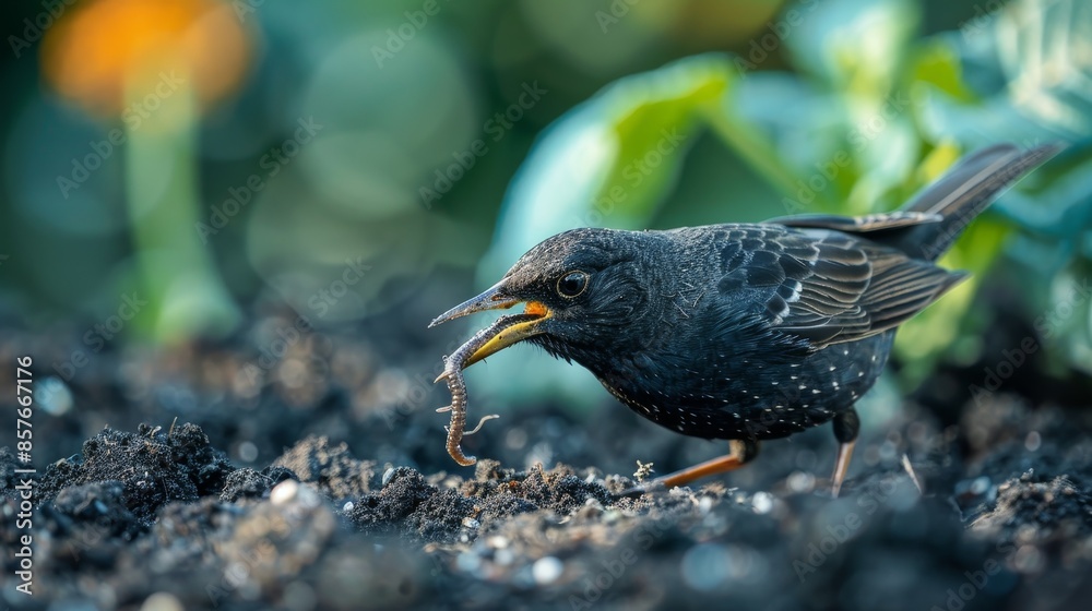 Blackbird holding a worm in its mouth, close-up on loose soil, feeding preparation for baby bird, raw and detailed Blackbird holding a worm in its mouth, close-up on loose soil, feeding preparation for baby bird, raw and detailed