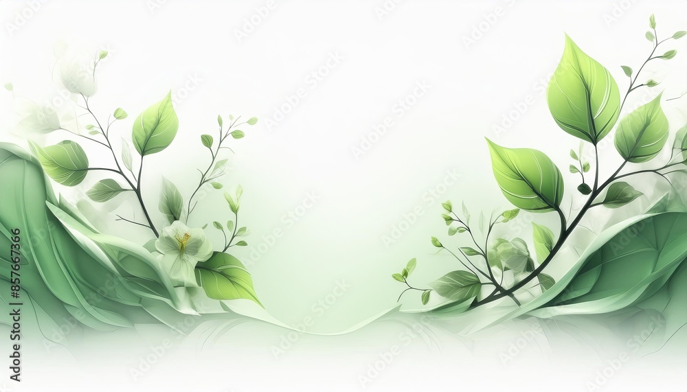 Green leaves a plain white background with a light green tint, space for text, and copy space background. Green leaves a plain white background with a light green tint, space for text, and copy space background.