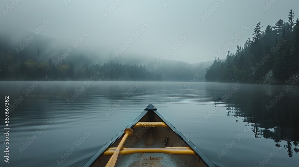 Canoe perspective on a misty mountain lake, fog rolling over the water, raw and atmospheric, serene natural beauty Canoe perspective on a misty mountain lake, fog rolling over the water, raw and atmospheric, serene natural beauty