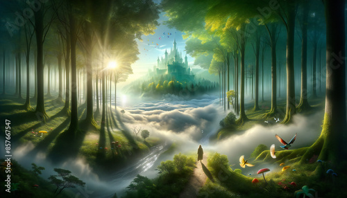 Beautiful fairytale enchanted misty forest with a castle. photo