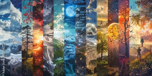 Collage of day and night cycle, seasonal shifts from first person view, human and natural elements, raw and richly detailed