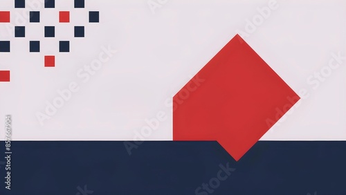 Abstract geometric artwork featuring red and navy shapes with a pattern of red and blue squares on a light background.

