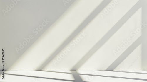 Minimalist White Wall Background with Abstract Window Shadow, High-Resolution Product Presentation Mockup Banner Template, Gray and White Color Palette, Soft Bright Lighting
