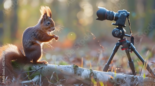 Eurasian red squirrel (Sciurus vulgaris) cautiously peeks out of the hole in a tree in the forest of Drunen, Noord Brabant.  photo