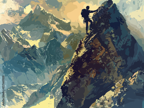 Mountain climbers, vector illustration, travel adventure background concept