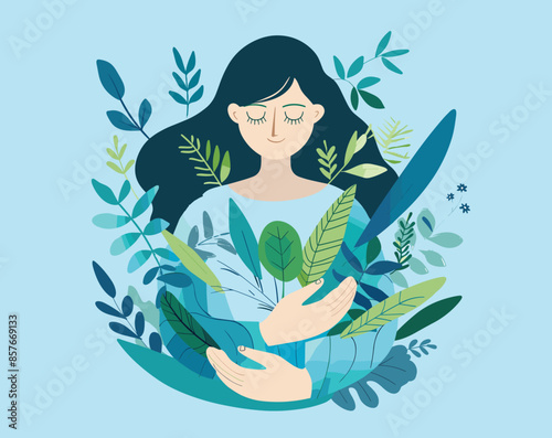 Woman love nature environment isolated on light blue background, minimal style, vector illustration
