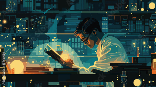 Scientist focus on his work, bookshelf backdrop, vector illustration