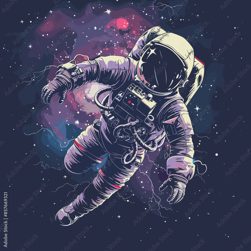 Fototapeta premium Astronaut exploring space and the moon in a sci-fi, futuristic theme, vector illustration