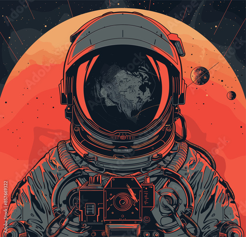 Astronaut in a spaceship in space with a sci-fi robot and helmet, vector illustration